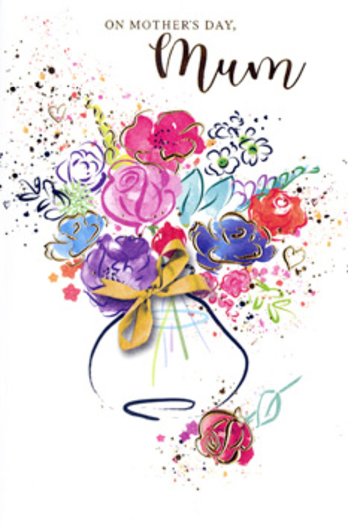 The Mother's Day card artwork shows a lively, almost musical bouquet rendered in layered watercolour strokes that blend and overlap with ease. Larger blooms in bold cerise and deep rose pink sit at the centre, their shapes defined by confident indigo outlines that curl around each petal and leaf. Around them, softer washes of blush, lavender, and sky blue melt into one another, with flashes of apricot and chartreuse adding a playful brightness. The colours feel like the first truly warm day of spring in Chingford, when gardens along Old Church Road and near Chingford Green suddenly look alive again.   

Delicate lines of metallic gold run through the illustration, catching edges of petals and tracing gentle heart shapes that hover near the bouquet. These shimmering details recall the way a florist might add a final touch of ribbon or tissue paper before a Mother's Day delivery heads out across the local streets. The blooms gather in a rounded vase, painted with soft gradients that suggest ceramic or glass without pinning it down too literally, allowing the imagination to fill in the texture. At the vase's neck, a simple golden bow ties the composition together, both visually and emotionally, speaking of intention and care. Speckles of paint and hearts drift across the white background, like confetti or scattered petals after a celebration. The overall mood is warm and affectionate, as if a local Chingford florist has translated the feeling of gratitude, nostalgia, and deep love for mum into colour and brushwork, preserving a bouquet that will never wilt.   

This card's design feels both artistic and familiar, like a cherished memory framed in flowers.