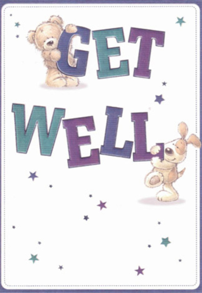 This delightful get well card captures a scene of pure encouragement, echoing the heartfelt gestures of Chingford locals sending fresh blooms to loved ones across the area. A friendly bear with soft, inviting fur sits beside a floppy-eared pup, both characters gracefully interacting with the bold, oversized letters spelling 'Get Well.' Around them, playful stars in shimmering purples and aquas seem to scatter good wishes through the brisk Chingford air. The confident, shaded typography anchors the design with its cheerful vibrancy, much as a lush bouquet grounds a room with life and colour. There's a tactile richness to the illustrated fabrics-the fleecy bear and the gently brushed dog feel real to the mind's eye, reminiscent of the comforting textures in a hand-arranged posy. The clean white background imbues the card with freshness, like the morning light filtering over Chingford Green. It's a scene that would pair beautifully with a thoughtful arrangement from a local florist, creating an experience that soothes, uplifts, and reassures. Whether delivered to a home in Friday Hill or near Lea Valley, this card celebrates caring gestures and the simple joy of wishing someone well.