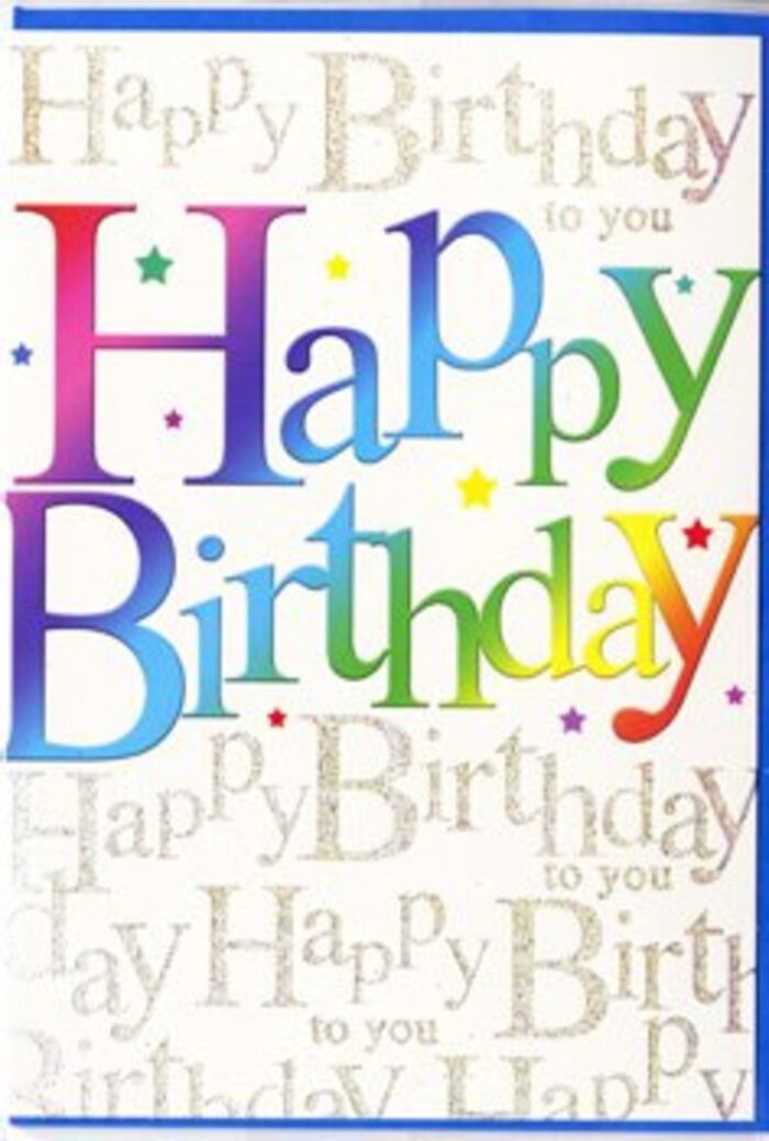 This birthday card presents itself like a joyful announcement, ideal to slip alongside a bouquet heading out for delivery across Chingford. The front is dominated by the phrase Happy Birthday, written in big, sweeping letters that curve with an easy, optimistic energy, almost as if they've been hand-painted in mid-air. The colour of each letter flows into the next in a smooth gradient-from rich crimson into tangerine, on through warm golden yellow, fresh grass green, lagoon blue, and finally a deep twilight purple. This rainbow effect evokes the feeling of walking past a row of bright shopfronts near Chingford Station, each one glowing with its own character yet blending into a cheerful whole. The letters appear slightly raised and glossy, suggesting a satiny or lightly laminated finish that would catch reflections from nearby light, giving the text a soft shine. Behind this bold statement, the entire background is filled with slender lines of cursive script in metallic gold, gently repeating Happy Birthday to you in a rhythmic pattern that drifts diagonally. The gold looks finely printed, with a subtle shimmer that calls to mind the way low sun glints off the trees lining Epping Forest Road. Tiny specks and hints of colour peep through around the edges of the main text, creating the impression of scattered confetti or sugar sprinkles on a celebration cake. The card's overall mood is warm and festive yet refined-perfect for someone who loves both bright colour and thoughtful detail. It is easy to imagine this card chosen by a local Chingford florist to accompany a vibrant bouquet, bringing an extra layer of joy to a birthday surprise on any street from Chingford Mount Road to Kings Head Hill.