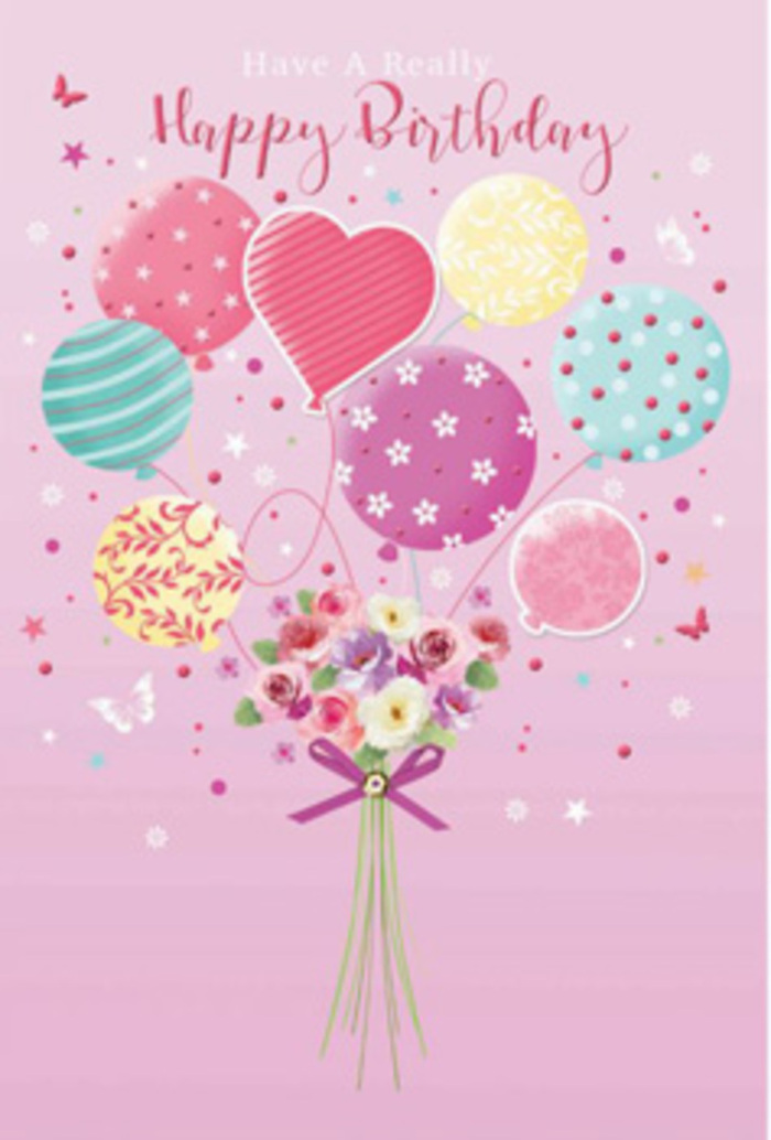 This birthday artwork captures a mood of gentle jubilation, as if a tiny garden from Chingford has been tied to a bouquet of balloons and set free in the sky. The background is a soft pink wash, calming and cheerful, against which pastel balloons float upward with easy grace. Each balloon carries its own charming design: candy-coloured stripes that twist like ribbons at a party in Ridgeway Park, scattered polka dots that look ready to dance, and a few with delicate floral patterns and whimsical swirls. Their colours-pale sunshine yellow, rosy pink, lavender, and seafoam green-melt into one another, creating a dreamy halo of light around the arrangement. At the base, a hand-tied bouquet of petite roses and daisy-like flowers gathers all the shades of the balloons into a compact, lush cluster. The petals are softly shaded from cream to blush and deeper rose, the texture almost velvety to the imagination, as though freshly delivered from a nearby Chingford florist. Stems are drawn together with a neat violet satin bow that shimmers as if catching a shaft of late afternoon light. Around the bouquet, tiny star shapes and fluttering butterflies drift through the air, evoking the feeling of a birthday celebration in a garden just off Kings Head Hill. Though this is an illustration, the composition feels tangible and lovingly arranged, conveying the sense that the recipient is cherished, their special day lifted by flowers, colour, and the warm thoughtfulness behind the gift.