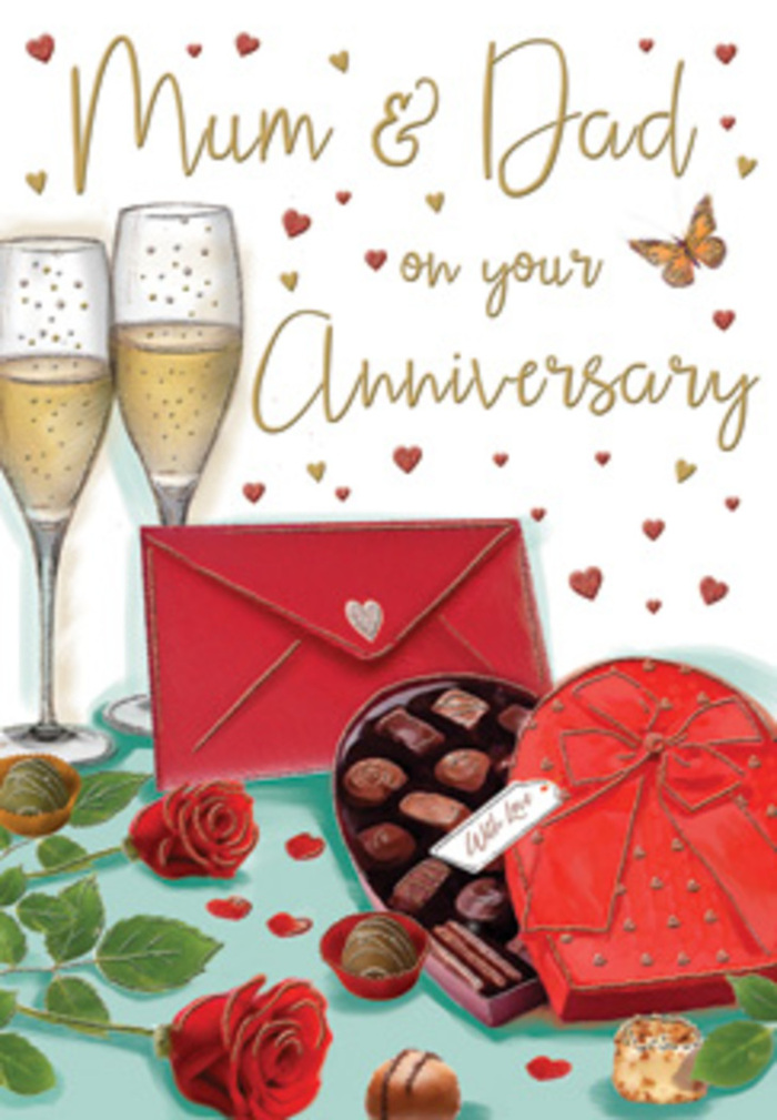 This detailed anniversary card design portrays a tender scene that could easily be imagined on a dining table in a Chingford home after a special meal. At the heart of the illustration, two champagne flutes stand closely together, their tall, slender bowls sparkling with golden liquid and fine bubbles that seem to rise in slow, celebratory streams. The glass catches the light, creating delicate reflections that add a sense of movement and anticipation. In front of the flutes sits a heart-shaped box of chocolates, its lid a rich, romantic red, crowned with a full, luxurious bow tied from satin ribbon. The box is slightly open, revealing an inviting selection of smooth, domed chocolates, with a few pieces thoughtfully scattered around, as though just shared between partners. To one side, two lush red roses lie against leafy green foliage, the petals dense and velvety, like blooms freshly arranged by Florist Chingford for same-day delivery across the local area. Their colour is a deep crimson that stands out against the softer background tones, anchoring the composition with classic romance. Floating across the scene are small gold and red hearts, some transparent, some solid, which gently frame a handwritten dedication to Mum & Dad, making it clear this is a tribute to lasting marriage and family love. A striking scarlet envelope is placed within the arrangement, its smooth surface and discreet seal hinting at private words of gratitude and affection within. The overall lighting is warm and flattering, with a glow that feels like lamplight along Kings Head Hill, wrapping the scene in a sense of comfort, joy, and the treasured history behind every anniversary celebration.