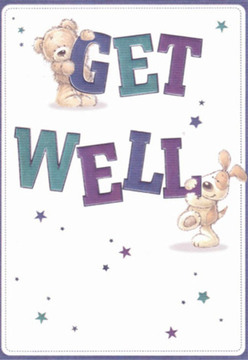 The gentle optimism of this illustrated get well card isn't just eye-catching-it feels like a caring gesture from a friend in Chingford. The scene opens with a cuddly teddy sitting atop bold, friendly 'GET' lettering, while a playful puppy nose-bumps the sturdy 'WELL' below. The surrounding stars-dusted across the crisp, clean background-cast a subtle glow in cascading hues of purple and teal. Their placement recalls the delicate finishing touches Florist Chingford adds to each bouquet sent to Chingford Mount or Highams Park. The inviting roundness of the characters, their fluffy textures rendered with painterly precision, creates the illusion of touch-almost as if their hug could be felt beside Ridgeway Park's tranquil greens. The interplay of saturated indigos and fresh aquas in the typography lifts the entire design, infusing the card with a sense of childlike joy and gentle reassurance. As a florist who believes in the healing power of thoughtful arrangement, each detail here-like a carefully selected bloom-serves to soothe and uplift. For those recovering at home or in local Chingford hospitals, this card, paired with a hand-delivered bouquet, embodies the nurturing warmth and hopefulness unique to our neighbourhood.