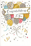 This beautifully designed congratulations card captures the feeling of a joyful celebration in a single, carefully arranged image, much like a bouquet thoughtfully created by Florist Chingford for a proud moment. The focal point is a loose cluster of balloons, floating upward in soft, overlapping layers. Their colours are refined yet cheerful: shimmering gold and silver, pale champagne, gentle sky blue, blush pink, and soft grey. Each balloon has its own personality, decorated with glittering stars, tiny dots, or slender metallic stripes that sparkle as though catching sunlight over Chingford's open skies. Delicate ribbons fall from the balloons, rendered as graceful twists of gold and silver that curl and loop together, uniting the shapes into a single festive display. All around, the pale background is sprinkled with miniature stars, scattering confetti, and slender, curly lines that mimic streamers unfurling in the air, evoking the carefree feel of a surprise party after a special delivery. At the centre, a classic banner stretches across the design, bearing the words Congratulations To You in elegant calligraphy that feels warm and sincere, like a handwritten message accompanying flowers sent to a loved one near Chingford Mount. The surface of the card seems almost tactile, as if you could sense the gentle lift of metallic ink and faint shimmer of glitter beneath your fingertips. Overall, the artwork radiates pride, admiration, and genuine happiness-perfect for celebrating a graduation, promotion, new home, or any milestone that deserves to be marked with both flowers and a card in and around Chingford.