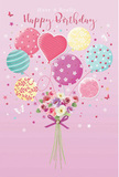 A whimsical birthday illustration unfolds like a light spring morning in Chingford, where pastel balloons and a dainty bouquet float together in a moment of pure celebration. The scene is set on a gentle pink background, soft as tissue paper from a florist's wrapping. A cluster of balloons rises gracefully, each one offering a different playful personality: some are adorned with candy-coloured stripes, others with bouncy polka dots, and a few show delicate floral and swirl patterns. Their hues-blush pink, sea green, lemon, lilac, and touches of sunny gold-blend into a harmonious cloud of colour, reminiscent of party decorations drifting above a birthday tea near Chingford Mount. Below, at the gathering point of the balloon strings, sits a lush hand-tied bouquet, brimming with roses and anemone-like blossoms in creamy ivory, pale rose, and muted mauve. The petals appear feather-soft and freshly opened, the kind of delicate blooms you'd expect a careful local florist to choose for a special birthday delivery across Chingford and Highams Park. A violet satin bow cinches the stems with a gentle sparkle, adding a polished finishing touch. Scattered around the arrangement, tiny illustrated stars and fluttering butterflies dance as if moved by a soft breeze coming off Epping Forest, lending a fairy-tale charm. Light seems to glow from within the image, highlighting the balloons' glossy surfaces and the flowers' natural curves, creating an impression of airy sweetness and heartfelt festivity, perfect for marking a birthday that is meant to feel truly unforgettable.