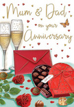 An intimate, story-like illustration on this anniversary card presents a table set for a heartfelt celebration, the kind you might find in a quiet Chingford home on a special evening. Two tall champagne flutes stand together at the centre, filled with shimmering golden champagne, each tiny bubble captured in mid-rise as if echoing the soft clink of an upcoming toast. Directly before them, a heart-shaped box of chocolates draws the eye, its lid a deep, romantic red and tied with a generous satin bow that catches the light in rich folds. The open box reveals an orderly array of tempting chocolates, with a few glossy pieces scattered on the table's surface, suggesting shared treats and gentle conversation. To one side, two red roses rest with their stems tucked beneath, lush green leaves framing their plush, velvety petals. Their colour is a saturated scarlet, reminiscent of fresh blooms arranged by a local Chingford florist after a stop near Highams Park. Gold and crimson hearts float across the card's background, some softly blurred to create depth, others sharp and bright, guiding the eye towards the affectionate Mum & Dad lettering that crowns the scene. A bold scarlet envelope lies nearby, carefully sealed, its clean lines contrasting with the organic curves of petals and ribbon, hinting at a handwritten message folded inside. The light throughout the illustration is warm and slightly diffused, giving the impression of an evening glow that softens every edge. Together, the roses, champagne, and chocolates create a mood of tenderness and gratitude, perfectly suited to honour an enduring anniversary in Chingford.